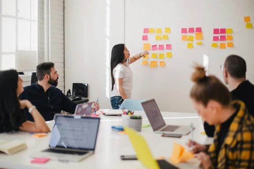 Professional team collaborating on social media strategy and content creation